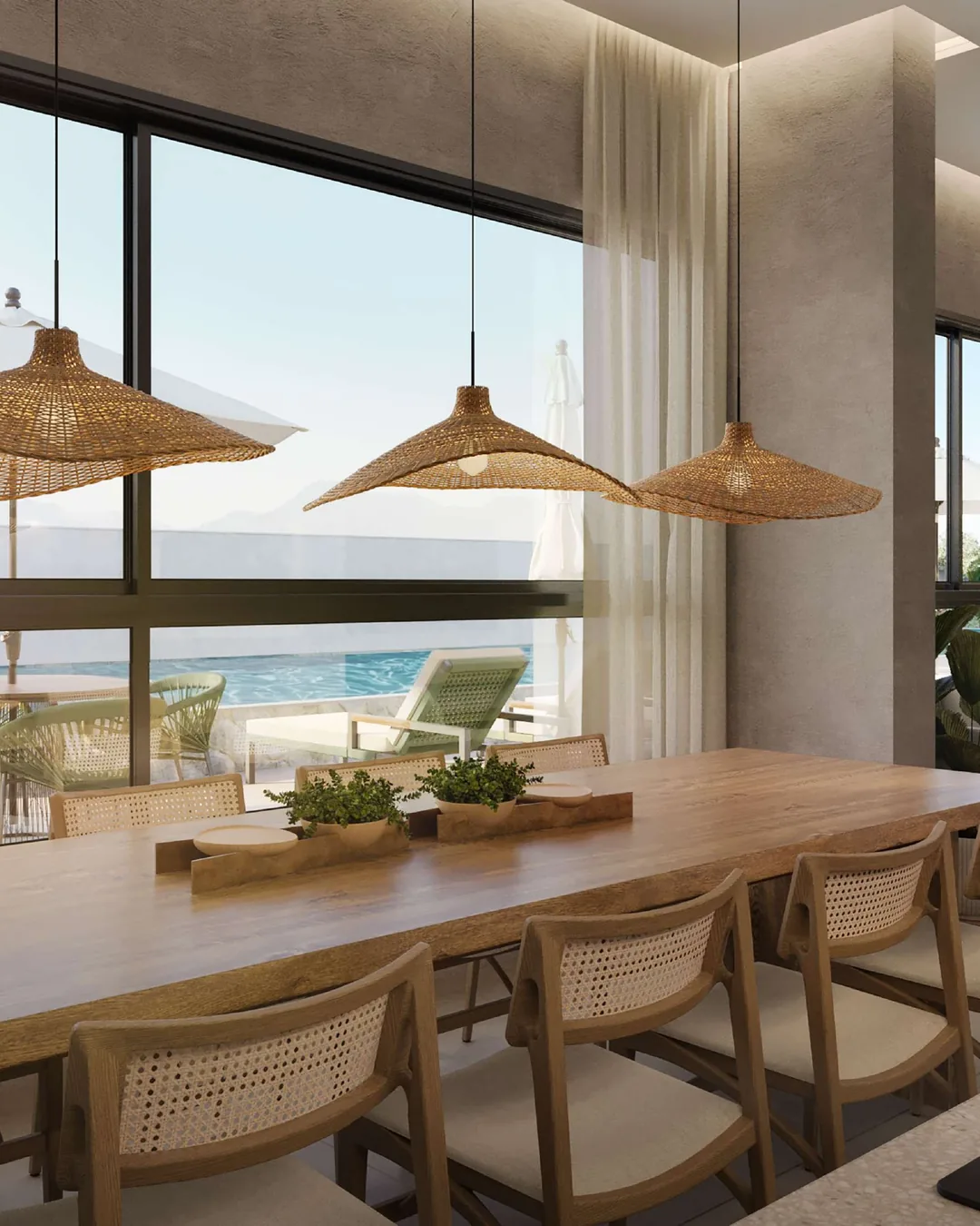 Render del espacio familia integrado a la terraza con pileta privada