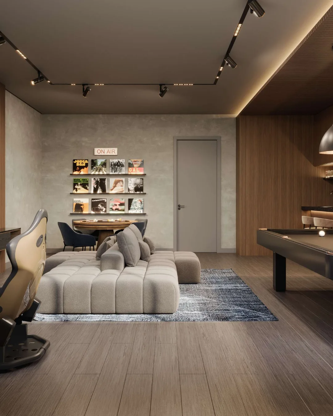 Render de la sala de juegos con pool y simulador