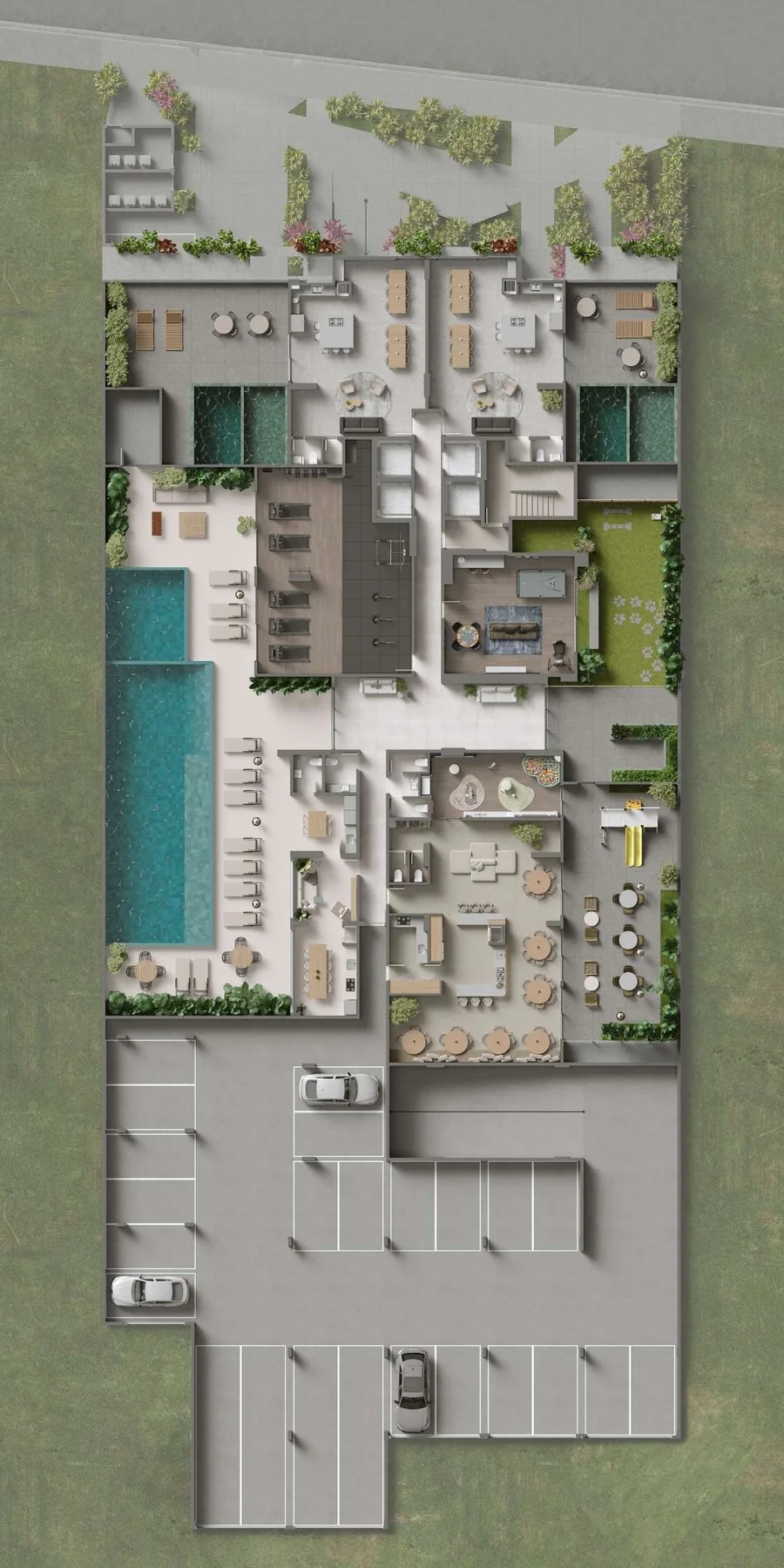 Implantação do pavimento do Veritá, com as duas piscinas, os espaços família com terraço, o salão de festas, a academia, o espaço pet e as vagas de garagem