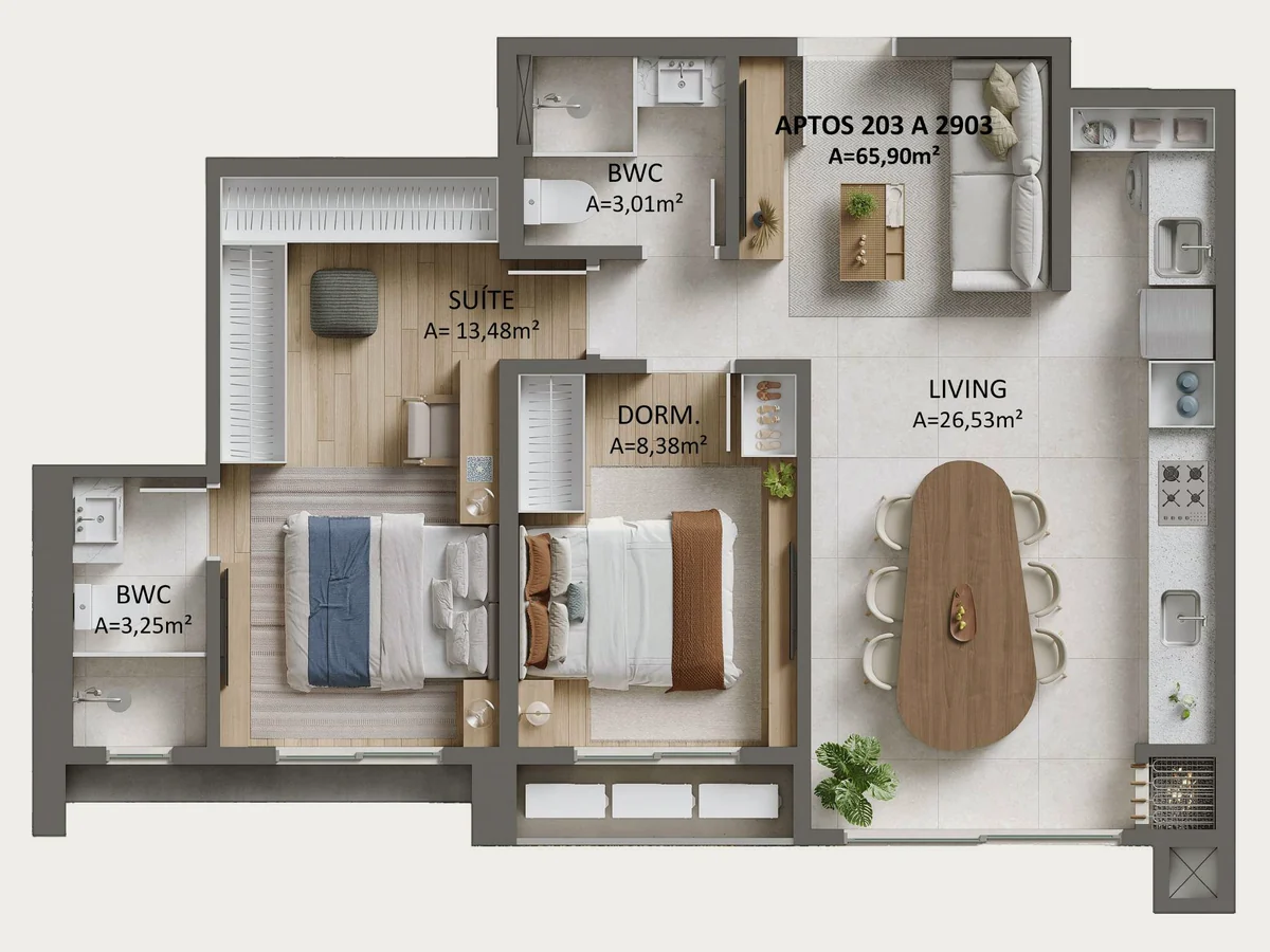 Planta humanizada do Tipo 03, com 65,90 m² privativos, uma suíte e um dormitório